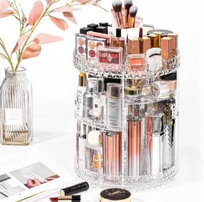 360° Rotating Crystal Makeup Organizer | Adjustable Cosmetic Display Stand Box