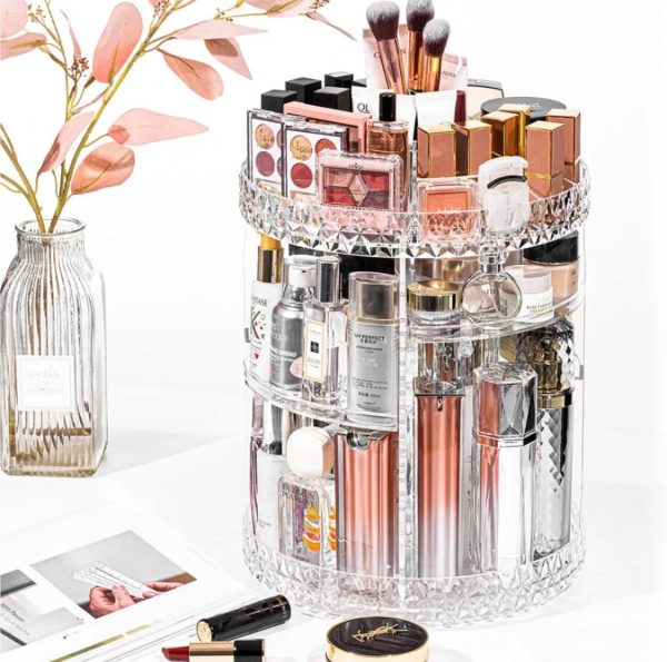 360° Rotating Crystal Makeup Organizer | Adjustable Cosmetic Display Stand Box