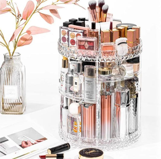 360° Rotating Crystal Makeup Organizer | Adjustable Cosmetic Display Stand Box