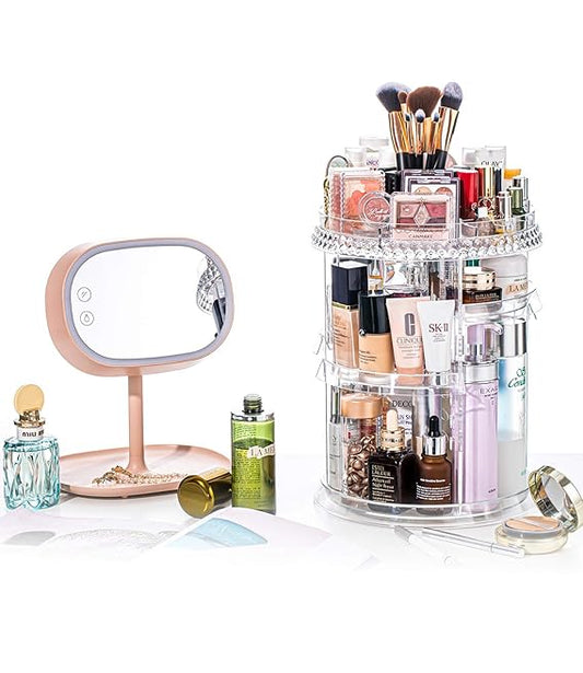 360° Rotating Crystal Makeup Organizer | Adjustable Cosmetic Display Stand Box