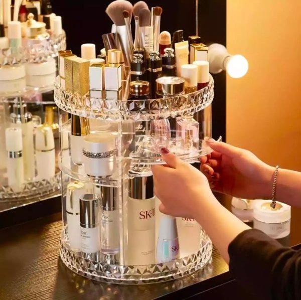 360° Rotating Crystal Makeup Organizer | Adjustable Cosmetic Display Stand Box