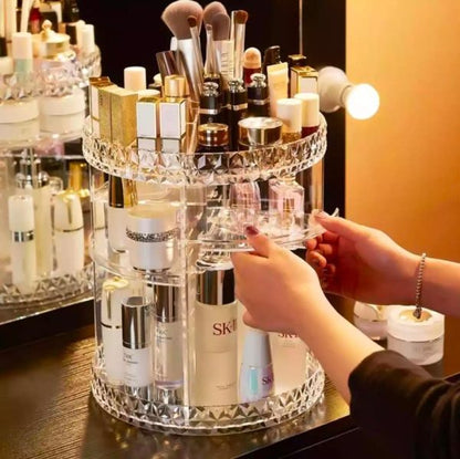 360° Rotating Crystal Makeup Organizer | Adjustable Cosmetic Display Stand Box