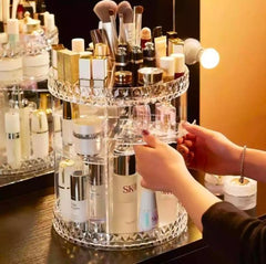 360° Rotating Crystal Makeup Organizer | Adjustable Cosmetic Display Stand Box