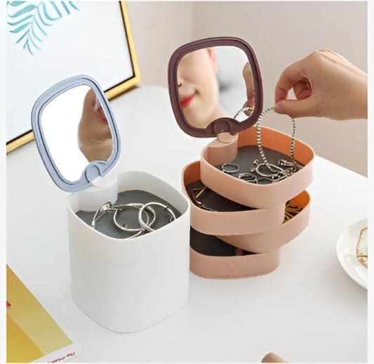 360° Rotating Jewelry Storage Box 4 Layers Portable Travel Jewelry Organizer With Mirror
