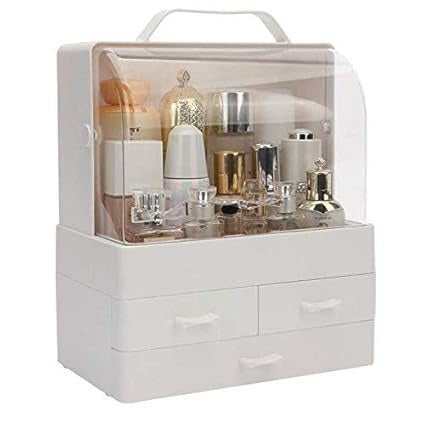 Makeup Organizer Modern Cosmetic White Storage Box | Portable Handle Fully Open Waterproof Lid Dust Proof 3 Drawers