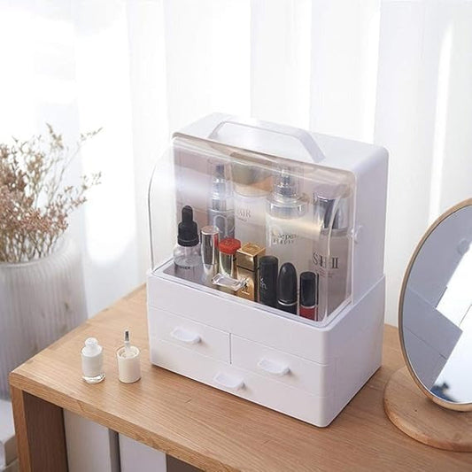 Makeup Organizer Modern Cosmetic White Storage Box | Portable Handle Fully Open Waterproof Lid Dust Proof 3 Drawers