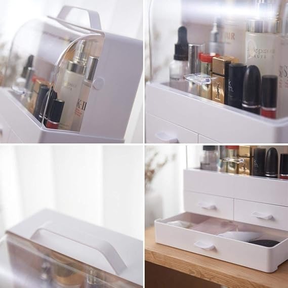 Makeup Organizer Modern Cosmetic White Storage Box | Portable Handle Fully Open Waterproof Lid Dust Proof 3 Drawers