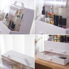 Makeup Organizer Modern Cosmetic White Storage Box | Portable Handle Fully Open Waterproof Lid Dust Proof 3 Drawers