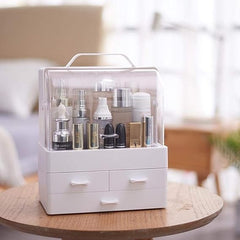 Makeup Organizer Modern Cosmetic White Storage Box | Portable Handle Fully Open Waterproof Lid Dust Proof 3 Drawers