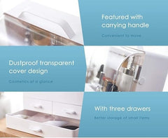 Makeup Organizer Modern Cosmetic White Storage Box | Portable Handle Fully Open Waterproof Lid Dust Proof 3 Drawers