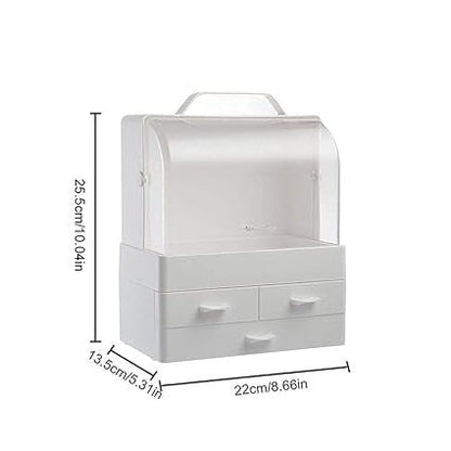 Makeup Organizer Modern Cosmetic White Storage Box | Portable Handle Fully Open Waterproof Lid Dust Proof 3 Drawers