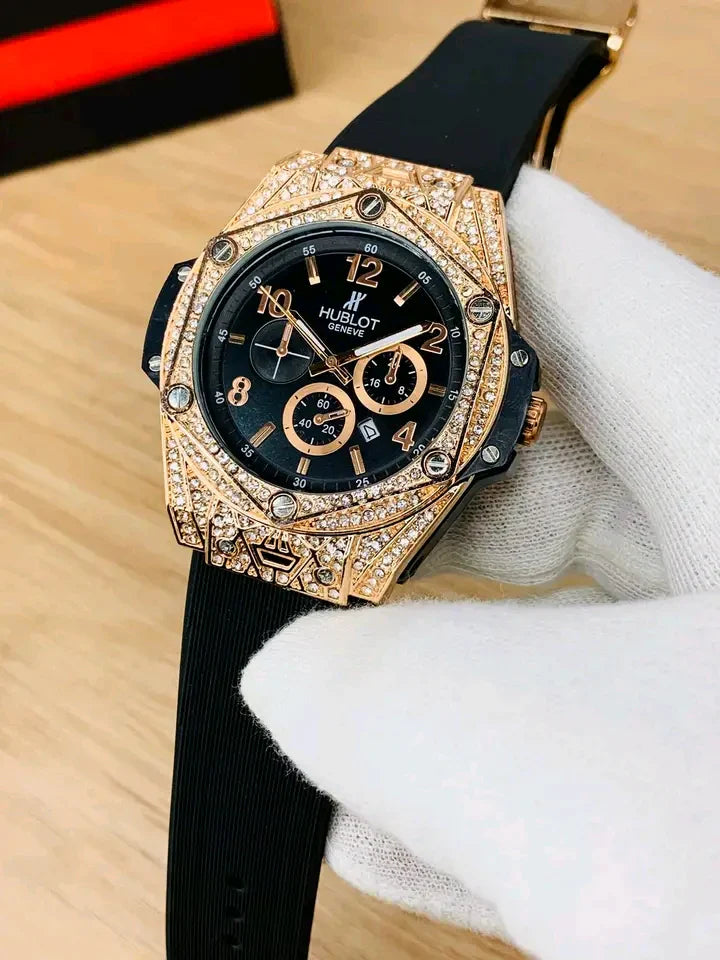 HB MENS LUXURY DIAMOND CUT STONE WATCH