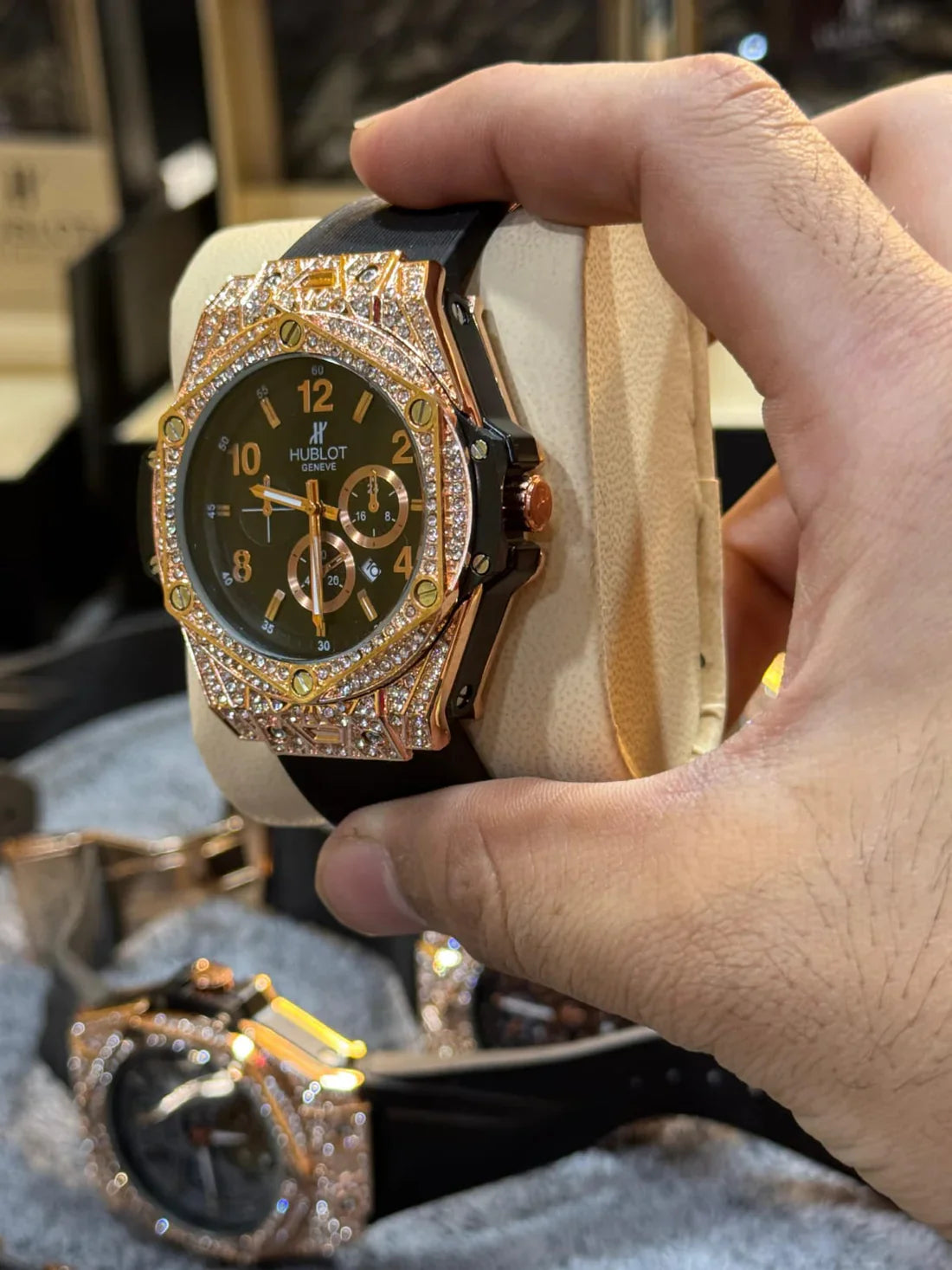 HB MENS LUXURY DIAMOND CUT STONE WATCH