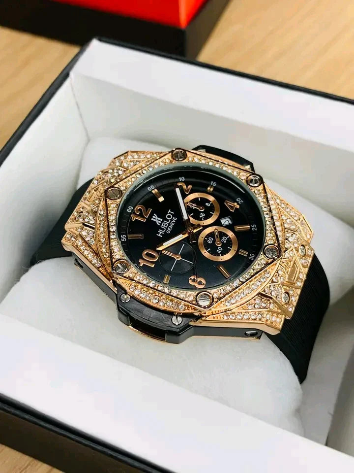 HB MENS LUXURY DIAMOND CUT STONE WATCH