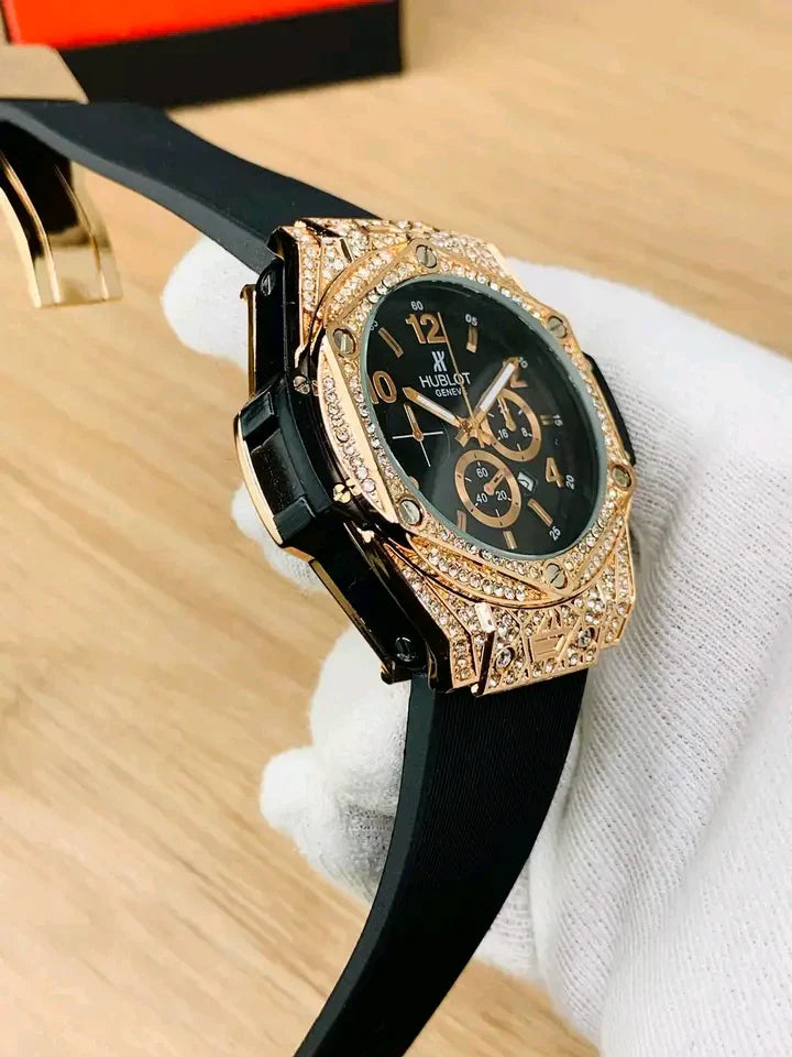 HB MENS LUXURY DIAMOND CUT STONE WATCH