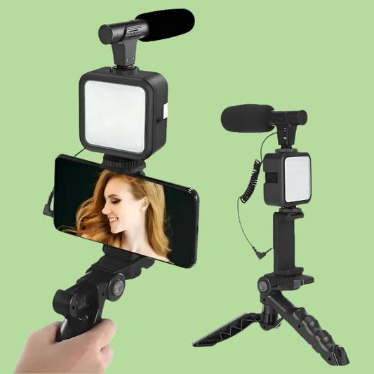 Mobile Vlogging Kit Video Making kit, with tripod stand, Microphone, Led Light, Mobile Holder ALL IN ONE VLOGGING Kit Tripod Shoot Video Making Vlogging Kit Tripod with Remote