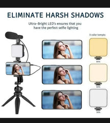 Mobile Vlogging Kit Video Making kit, with tripod stand, Microphone, Led Light, Mobile Holder ALL IN ONE VLOGGING Kit Tripod Shoot Video Making Vlogging Kit Tripod with Remote
